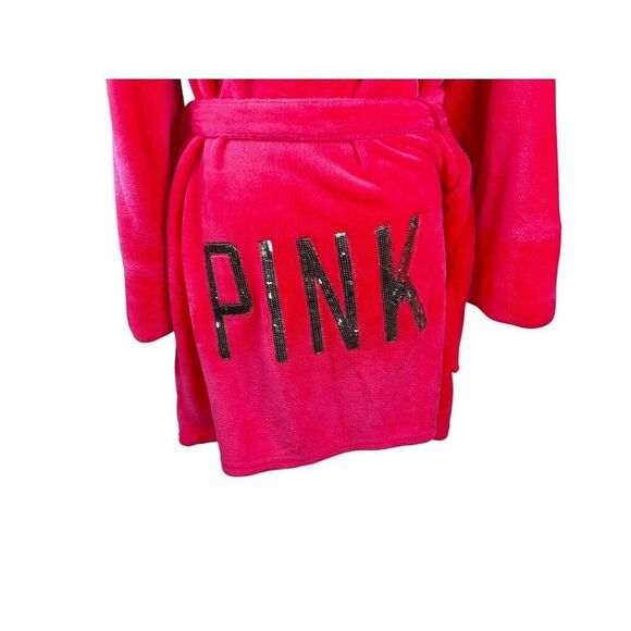 VICTORIAS SECRET PINK GOLD SEQUIN PLUSH SHORT HOODED ROBE M/L NEON PINK COZY - Picture 5 of 6